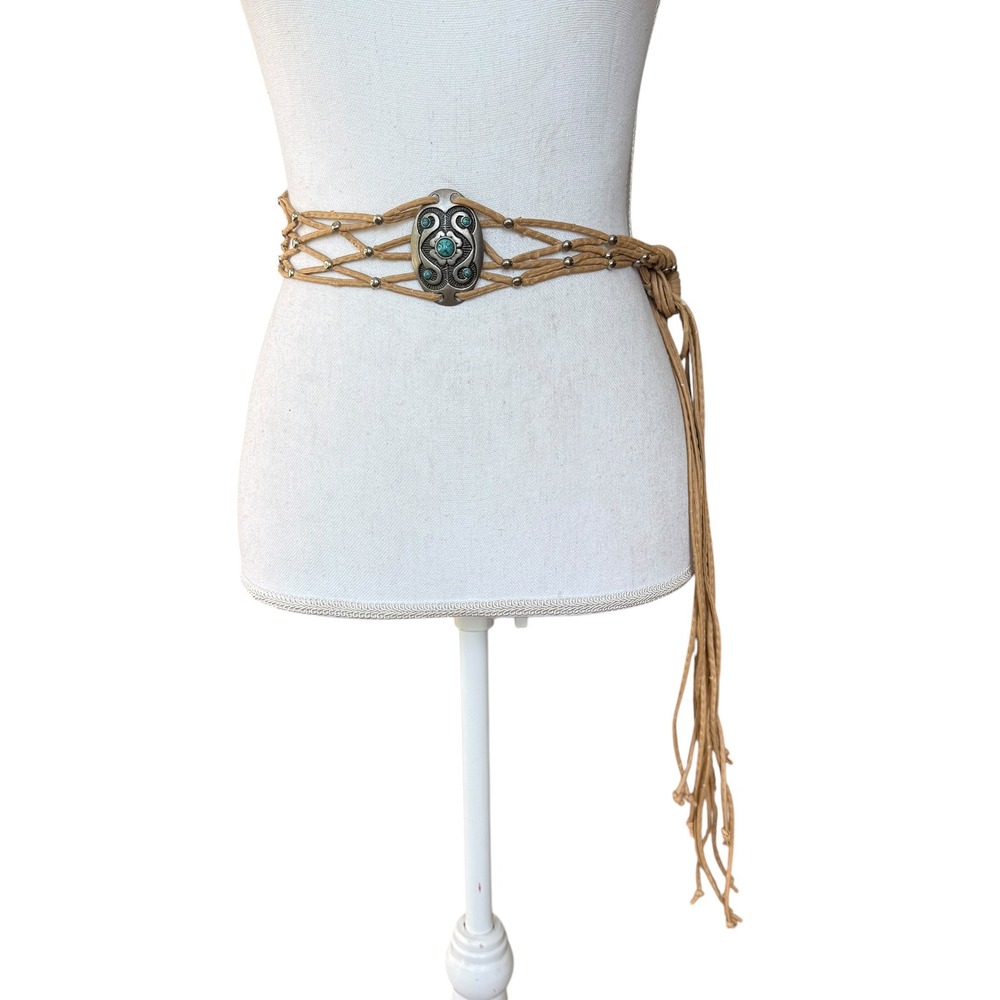 Western Boho Tan Faux Leather Tie Belt Turquoise Silver Concho Medallions Fringe